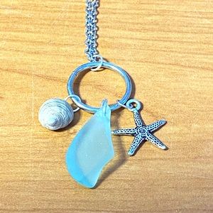 Sea glass sea shell and turtle charm necklace on 16 inch silver plated chain